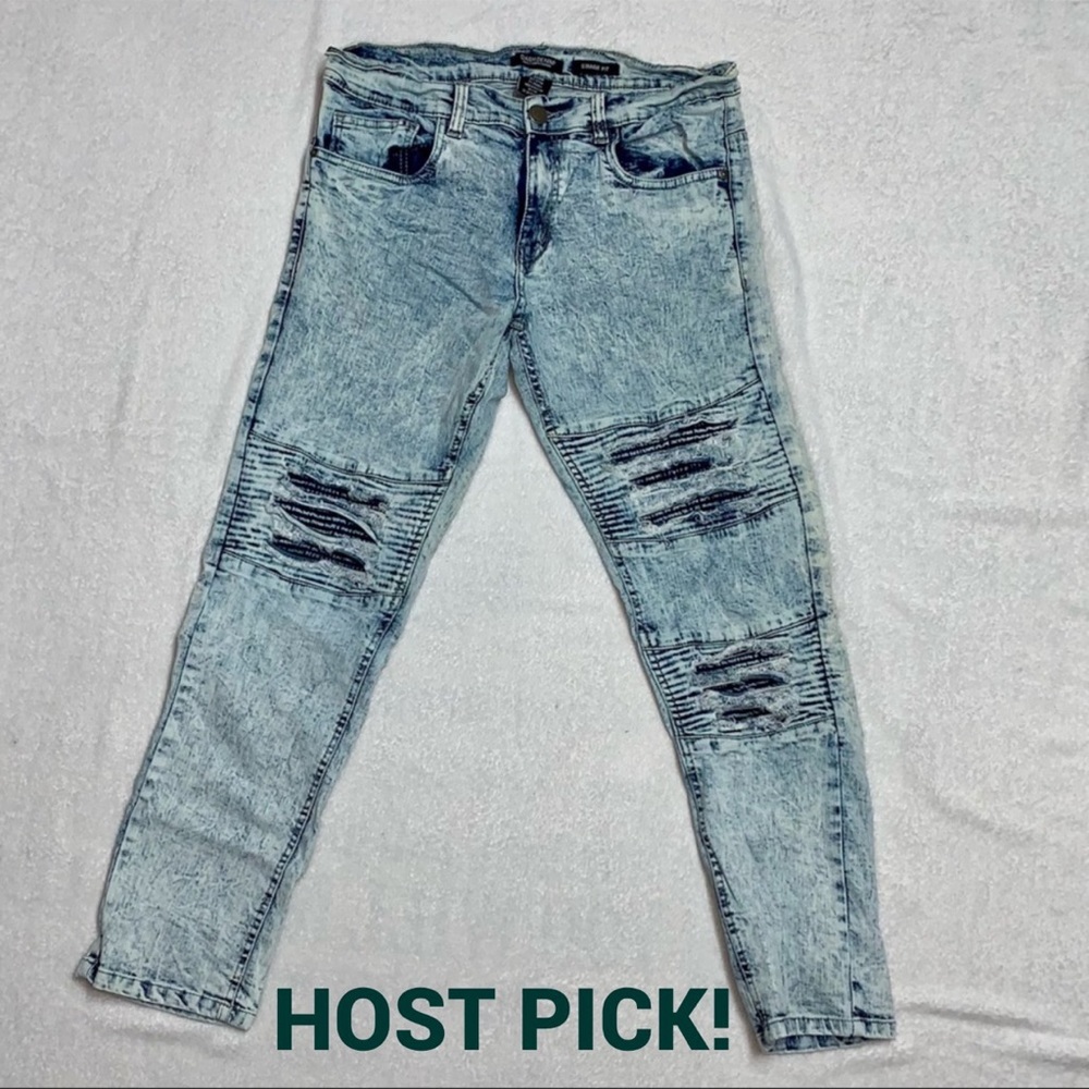 Men’s moto distressed acid wash straight leg jeans 34X30